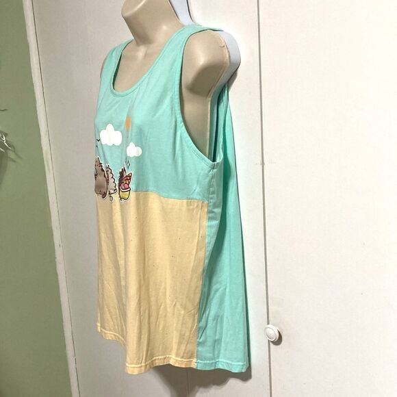 PUSHEEN Tank Top Sleeveless Teal Yellow Cat Applique Beach Print  Womens XL - Picture 3 of 13